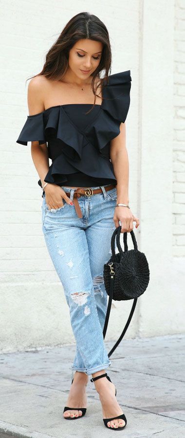 ruffle #black off shoulder top and #jeans #outfit | Summer trends .