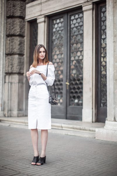 strapless blouse with white midi denim skirt