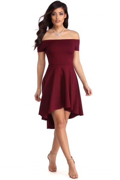 Off-the-shoulder burgundy-colored fit and flare mini dress