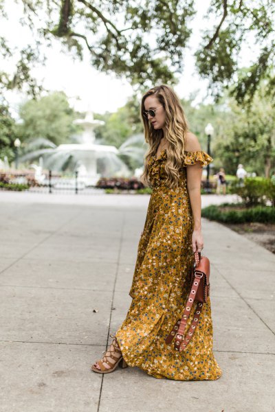 Off-the-shoulder floor-length dress with a floral pattern