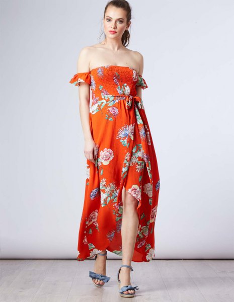 Strapless summer dress with a maxi chiffon flower pattern