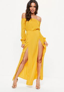 Off the shoulder mustard yellow maxi dress with double slit