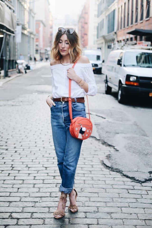 Off-the-shoulder top with boyfriend jeans