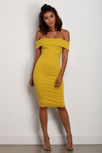 Off-the-shoulder yellow midi dress with light pink strappy sandals