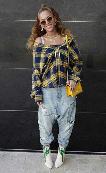 off shoulder yellow plaid shirt with boyfriend jeans