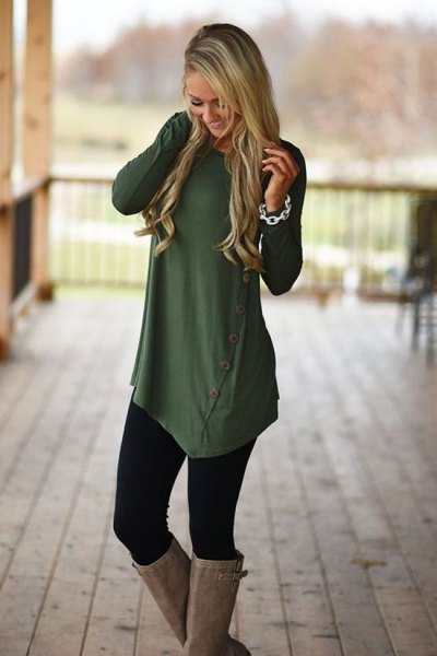 olive green asymmetrical long shirt with buttons, leggings and knee-high boots