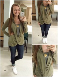 Olive green draped top over gray vest top