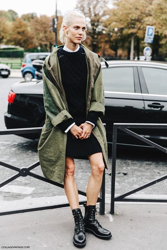 olive green jacket long knitted dress