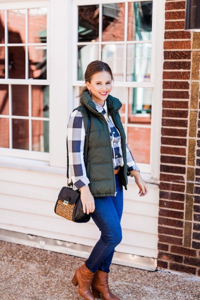 Olive green quilted vest and white plaid boyfriend shirt