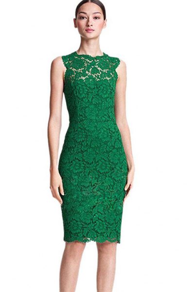 Olive-green sleeveless, figure-hugging midi dress made of lace