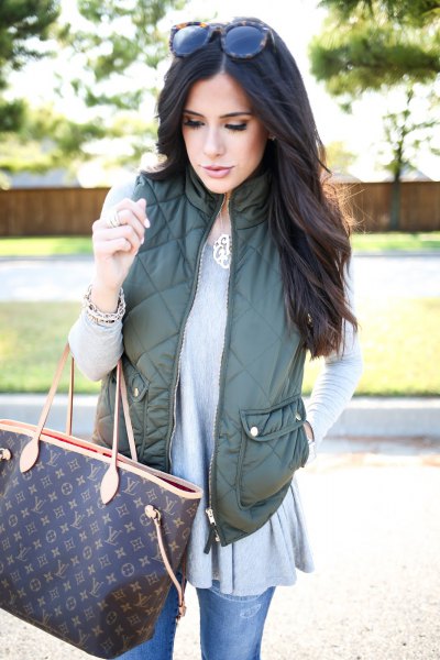 olive green vest, gray tunic top