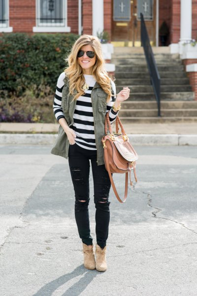 olive green vest white and black striped knitted sweater