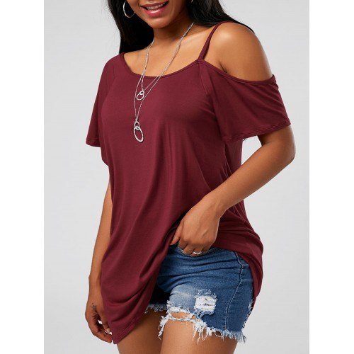 a strapless burgundy t-shirt with a scoop neckline and blue mini denim shorts