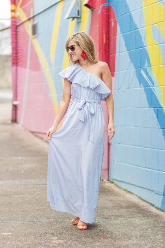 one shoulder maxi dress baby blue red