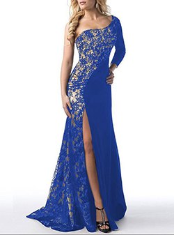 one shoulder royal blue and silver sequin high slit dress