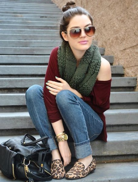 One Shoulder Sweater Scarf Cheetah Flats