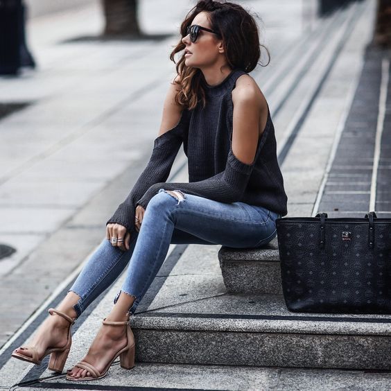 Nude sandals with an open shoulder sweater