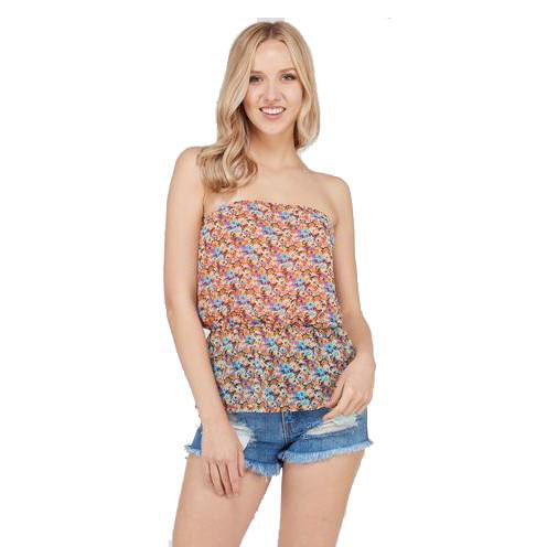 Strapless top with a floral pattern in orange and blue with mini denim shorts