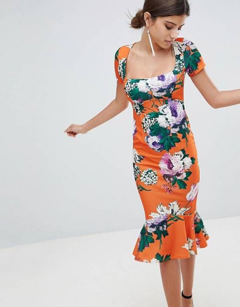 orange-white midi dress with floral pattern and open toe heels