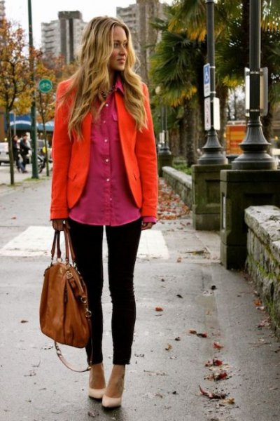 Orange blazer with a red, oversized shirt with buttons