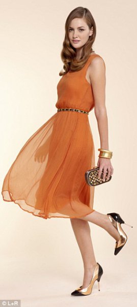 Orange tank dress with a chiffon belt and pointed toe heels