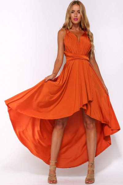 Orange ruched waist high low flared midi dress