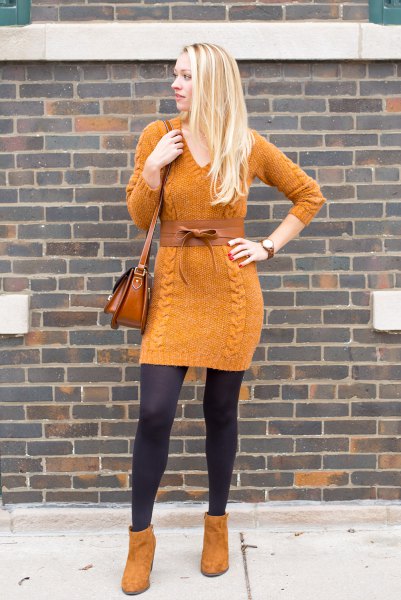 orange suede ankle boots with matching knitted sweater dress