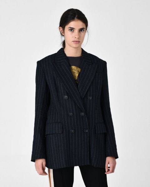 Oversized black and gray striped suit with a printed t-shirt