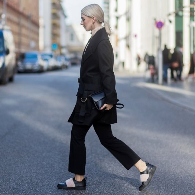 oversized leather shoes made from a black wool coat