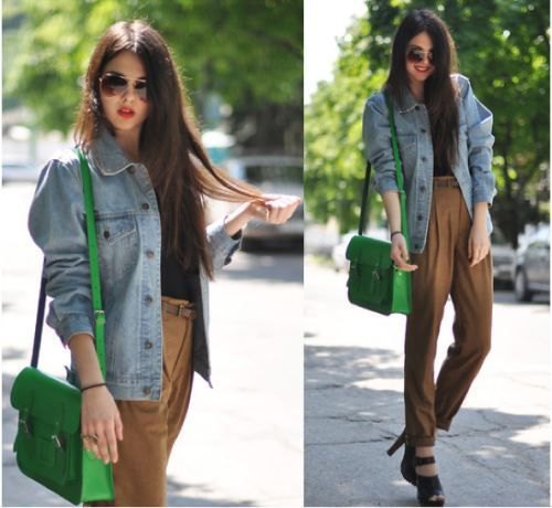 oversized blue denim jacket with green high-waisted chinos