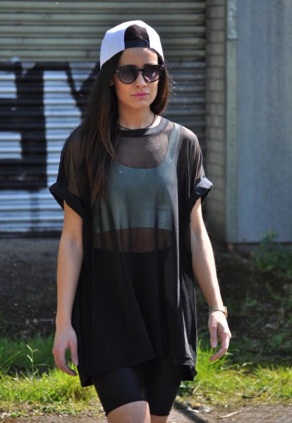 Oversized black mesh pencil skirt with short sleeves