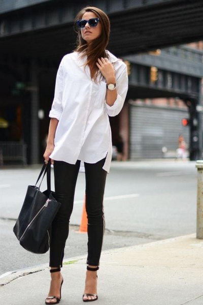 oversized white shirt with buttons black skinny jeans