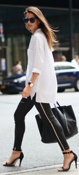 oversized white shirt with black leather leggings with zipper
