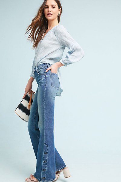 Light blue chiffon long-sleeved blouse with blue, high-waisted boot-cut jeans
