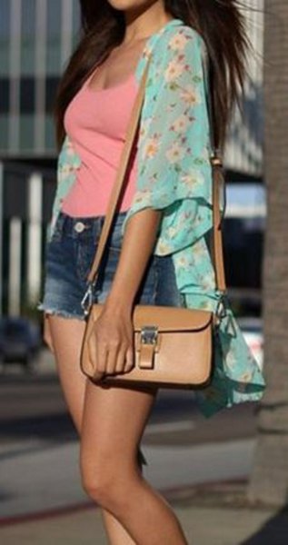 light blue floral chiffon cardigan with pink scoop neck