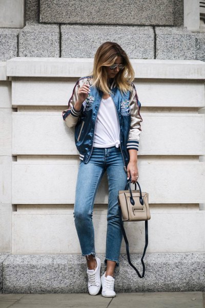 Light pink and blue satin jacket with short skinny jeans