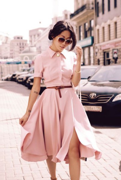 Light pink belt fit and flared midi shirt dress