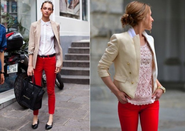 Light pink blazer with a white shirt and red skinny pants