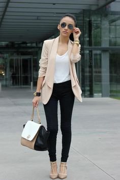 pale pink chiffon blazer black skinny jeans