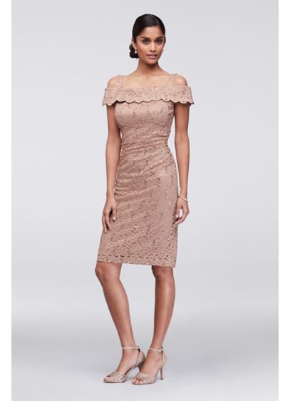pale pink knee-length cocktail dress made from cold shoulder lace
