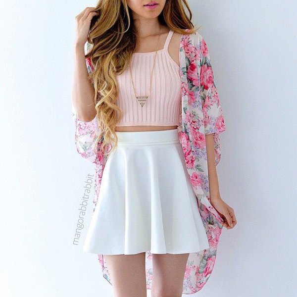 Light pink, cropped, sleeveless sweater with a floral kimono