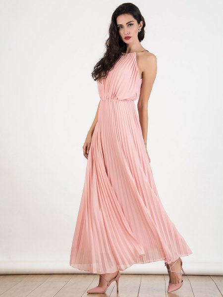Light pink halterneck fit and flared, pleated chiffon maxi dress