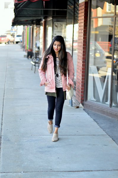 Light pink jacket with gray unbuttoned boyfriend shirt and white printed t-shirt