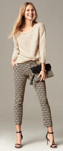 light pink knitted sweater pants with floral print