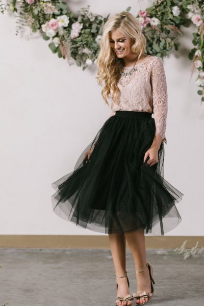 Light pink lace blouse with black tutu midi dress