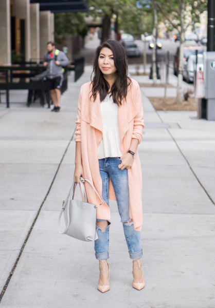 light pink long casual cardigan with white chiffon blouse