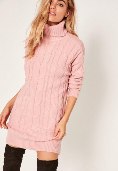 Light pink knitted sweater with turtleneck and overknee boots