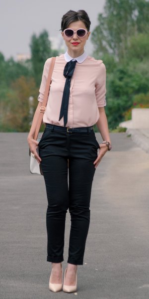 pale pink round white collar blouse with black, short cut chinos