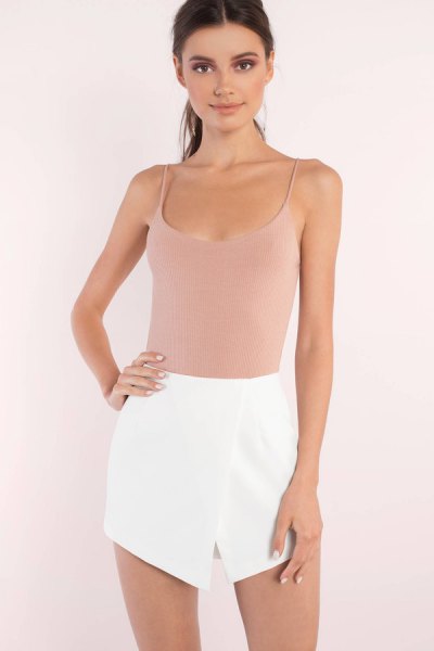 Light pink top with a scoop neckline and mini skirt