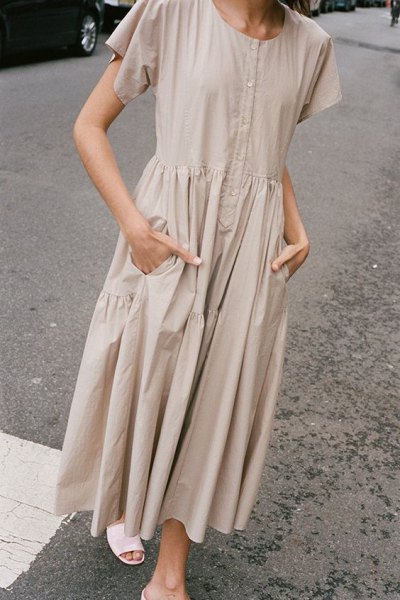 Light pink short-sleeved cotton maxi dress with white slip scandals